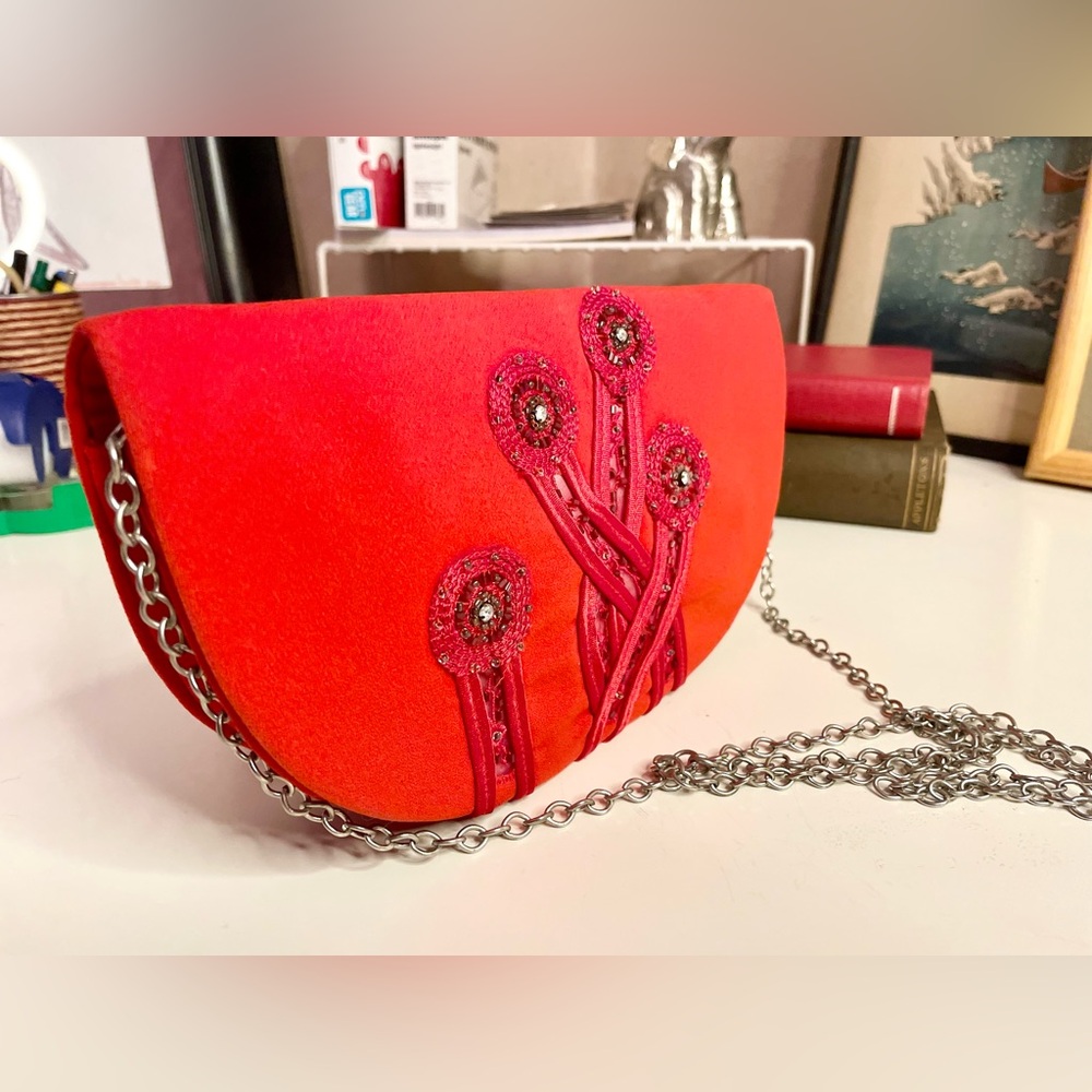 Red Satin Beaded Evening Handbag